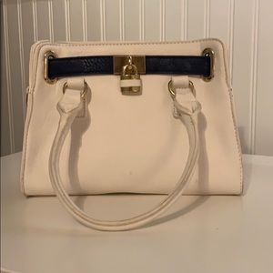 White and Navy Blue Handbag